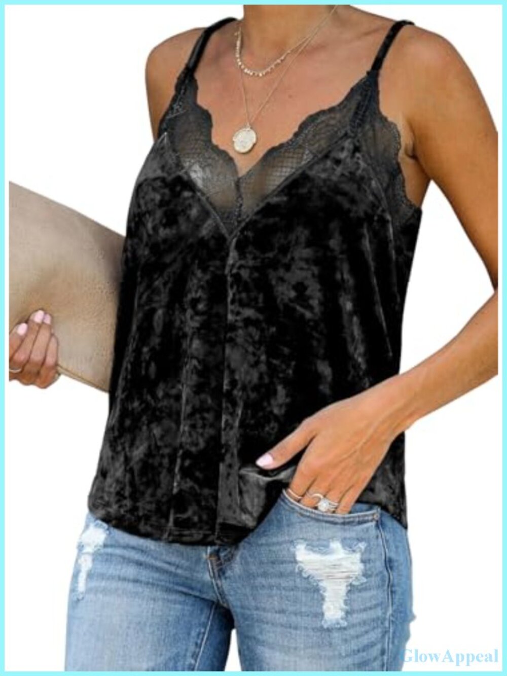 Velvet Lace Trim V Neck Tank Top Adjustable Strappy Cami Sleeveless Blouse